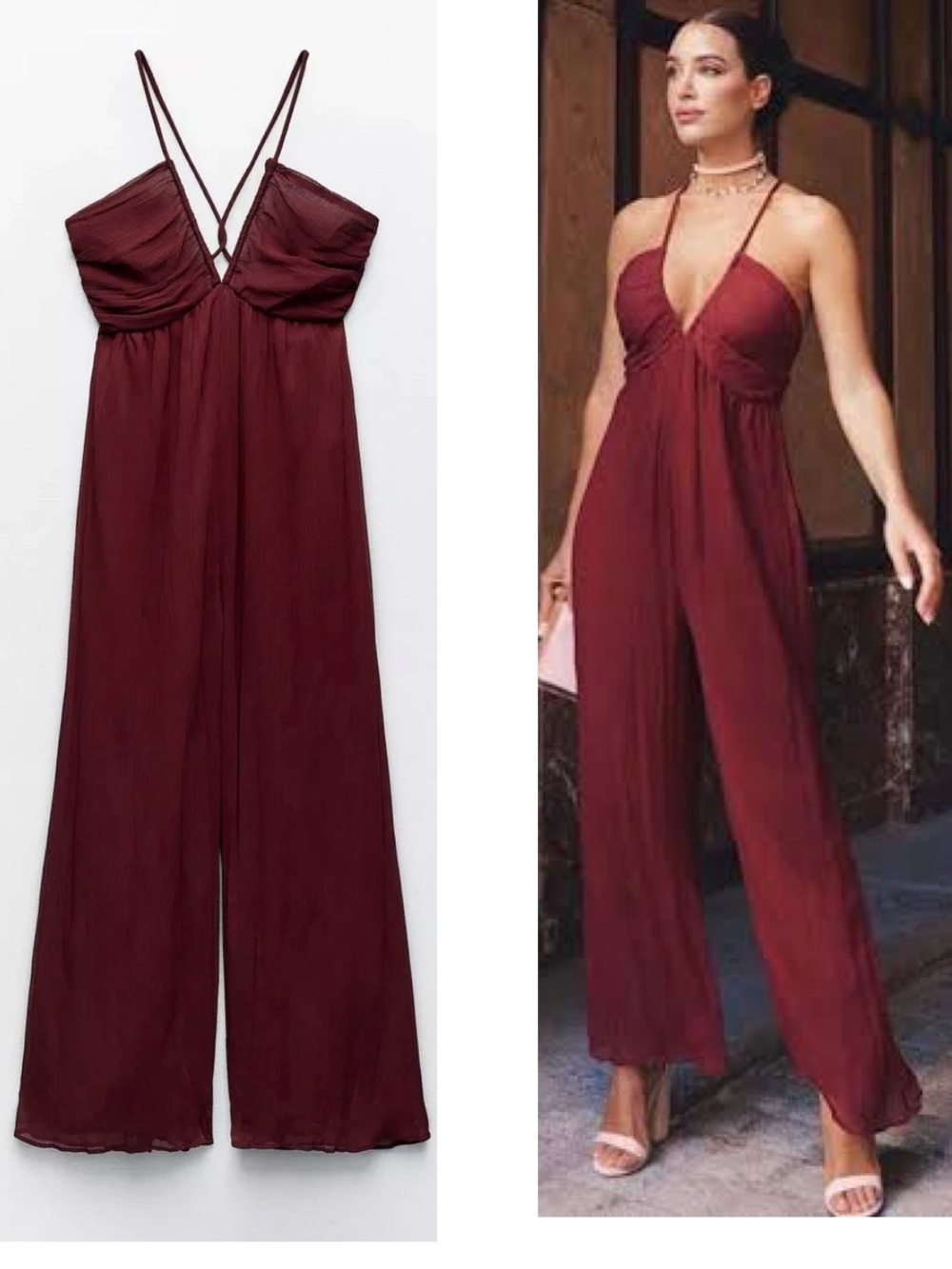 Burgundy Red Wide Leg Strappy Jumpsuit Deep V Neck Open Back Evening Party Sz L